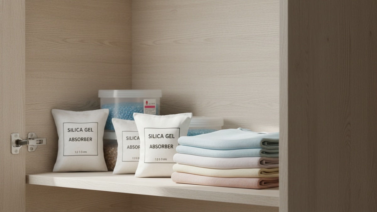 Penggunaan silica gel di rak lemari untuk mengontrol kelembapan. 