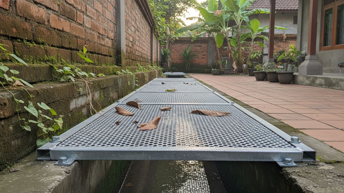 Saluran air rumah yang dipasang penutup logam agar tidak menjadi jalur ular.
