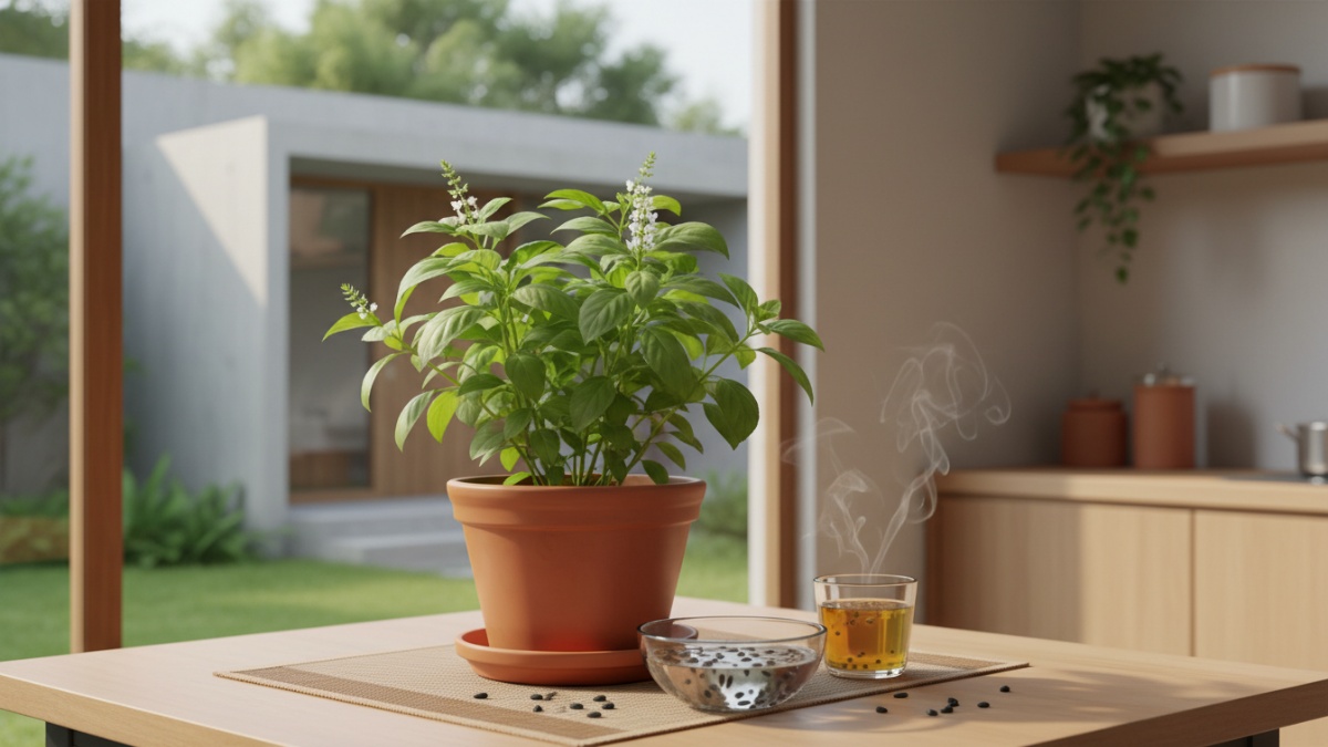 Daun kemangi hijau muda dengan aroma khas yang sering digunakan sebagai lalapan dan tanaman herbal rumah.