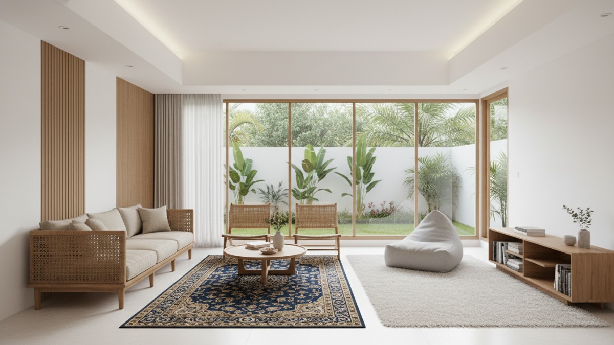 Contoh kesalahan penataan furnitur pada ruang terbuka yang membuat ruangan terasa sempit.