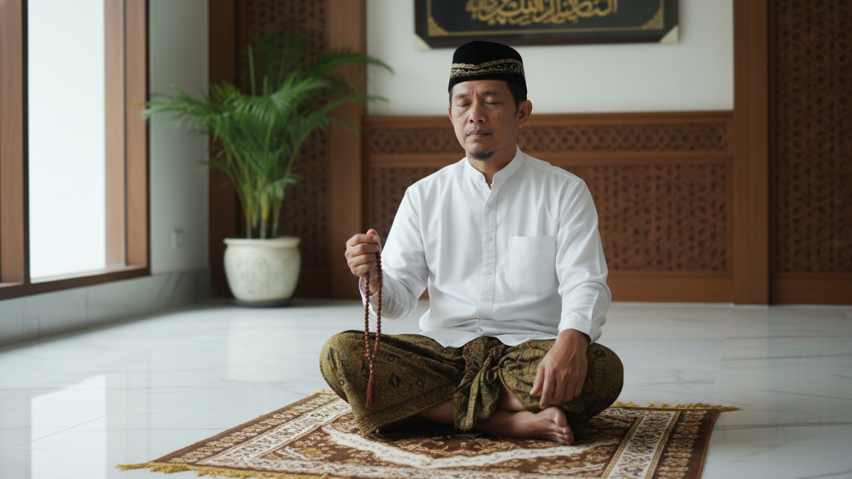 Ilustrasi seseorang sedang berdzikir dengan ekspresi tenang menggambarkan ketenangan hati dalam ajaran Islam.