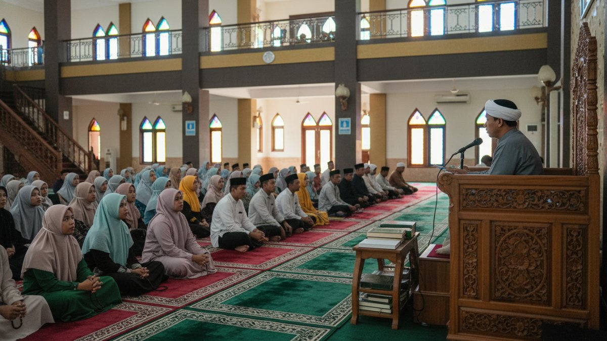 Suasana majelis pengajian tempat ulama menyampaikan nasihat ahli hikmah.