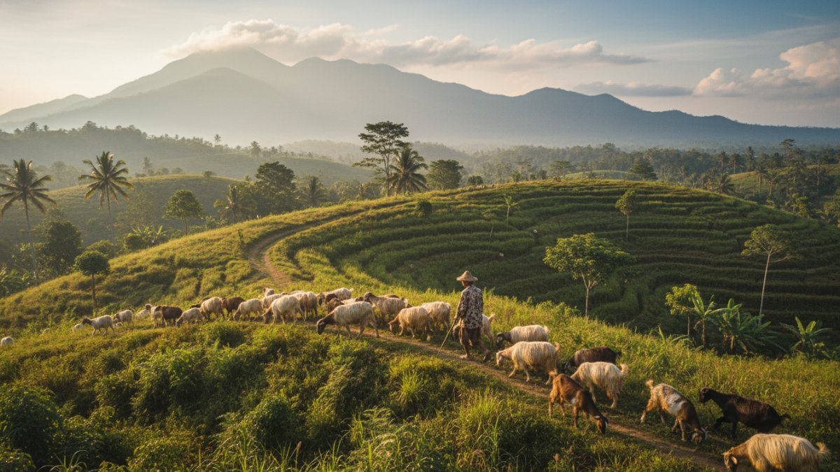 Ilustrasi penggembala kambing di perbukitan Madinah yang menggambarkan kisah amanah dalam sejarah Islam.