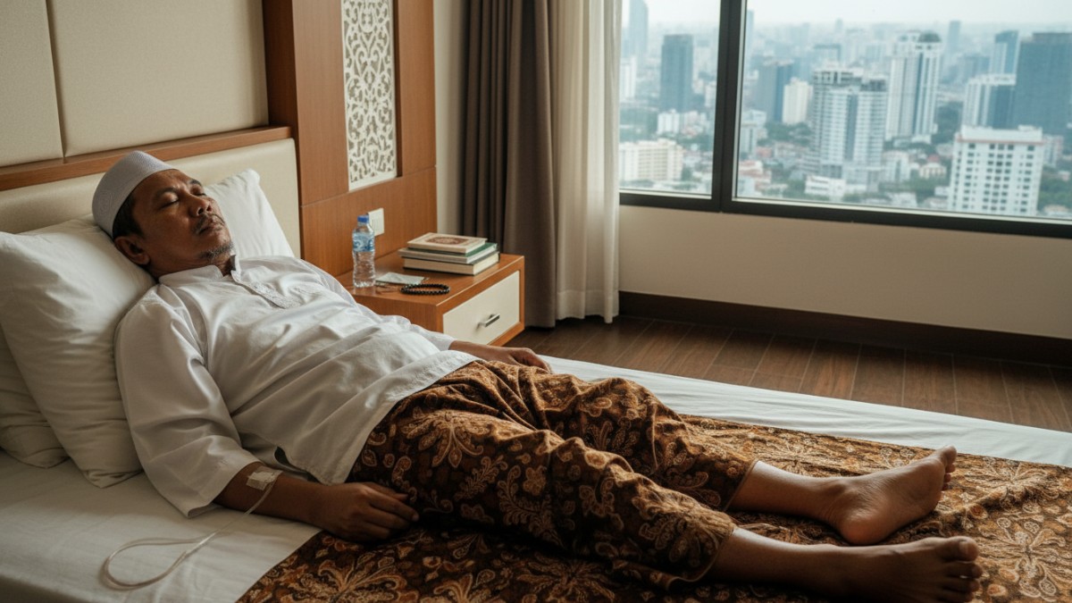 Ilustrasi seorang mukmin sedang terbaring sakit dengan nuansa spiritual yang menggambarkan kisah empat malaikat dalam kitab Al-Mawa'idzul Ushfuriyyah.