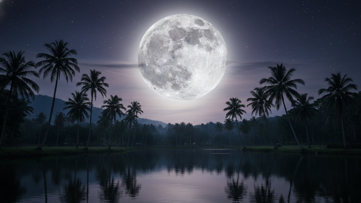 Bulan purnama terang di langit malam sebagai ilustrasi tanda kebesaran Allah dalam fenomena alam.
