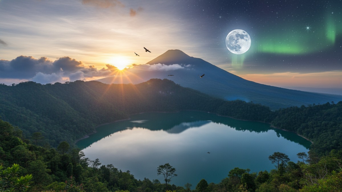 Ilustrasi matahari dan bulan di langit sebagai simbol keseimbangan waktu siang dan malam.