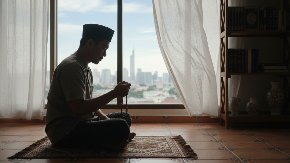 Ilustrasi suasana seseorang sedang merenung tentang ibadah sebagai gambaran pengingat spiritual dalam kehidupan.