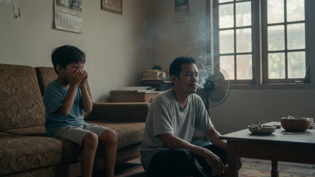 Anak kecil menutup hidung saat orang dewasa merokok di dalam rumah, menggambarkan bahaya asap rokok bagi kesehatan anak.