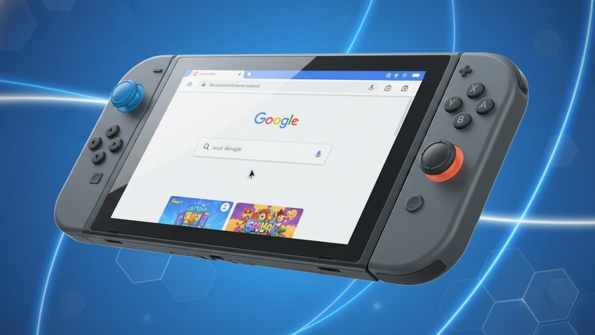 Nintendo Switch 2 dengan tampilan layar browser terbuka, siap akses Google di sela game.