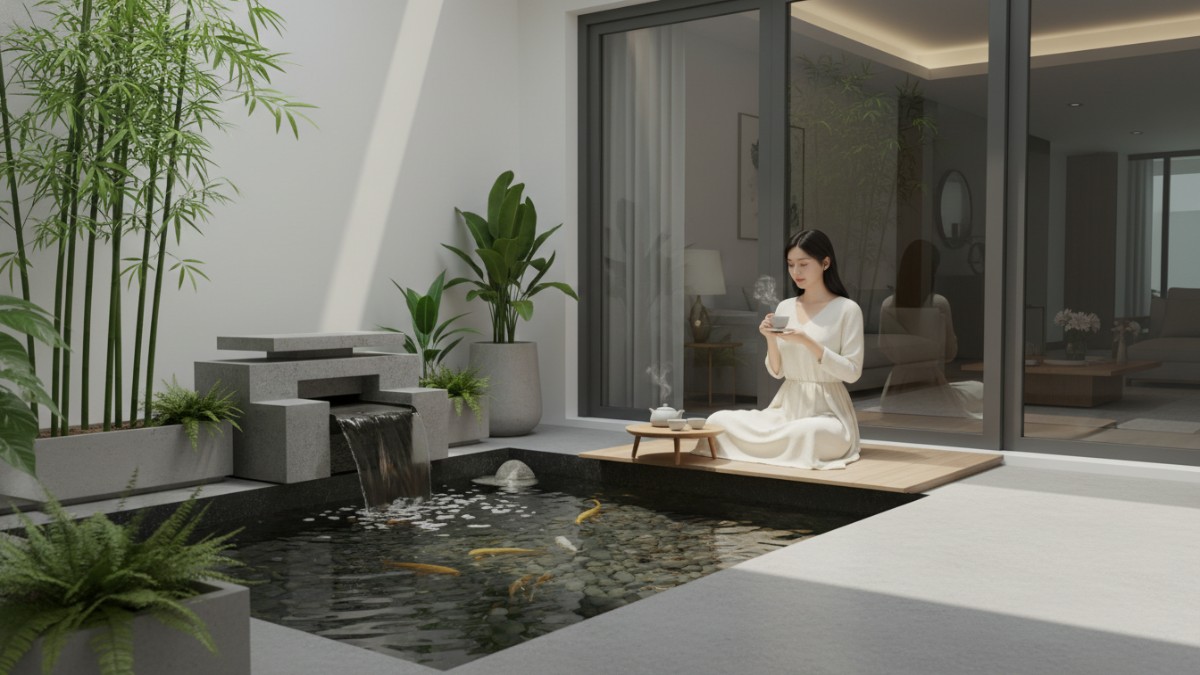 Kolam minimalis dengan bentuk kucuran air yang menimbulkan suara gemericik air