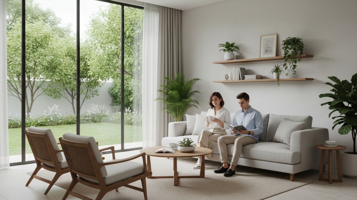 Ruang keluarga rumah modern dengan pencahayaan alami dan tata furnitur minimalis yang menciptakan suasana nyaman dan lapang. 