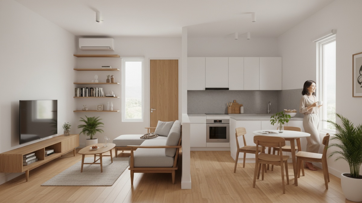 Interior rumah kecil dengan tata ruang efisien yang terasa luas dan rapi. 
