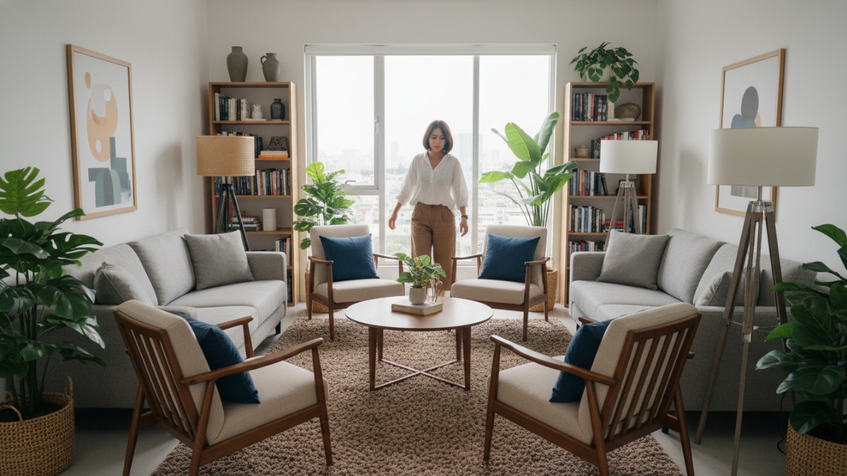 Contoh ruangan rumah yang terlalu penuh furnitur sehingga terasa sempit. 