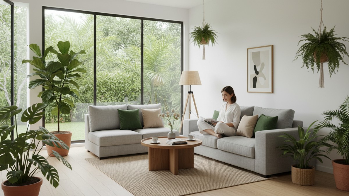 Ilustrasi penataan furnitur dan tanaman indoor untuk menciptakan rumah nyaman. 