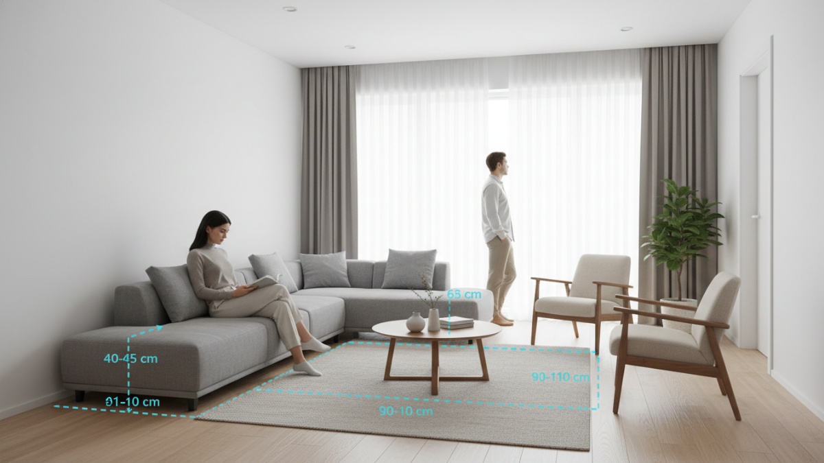 Diagram ukuran jarak ideal antar furnitur di ruang tamu rumah modern. 