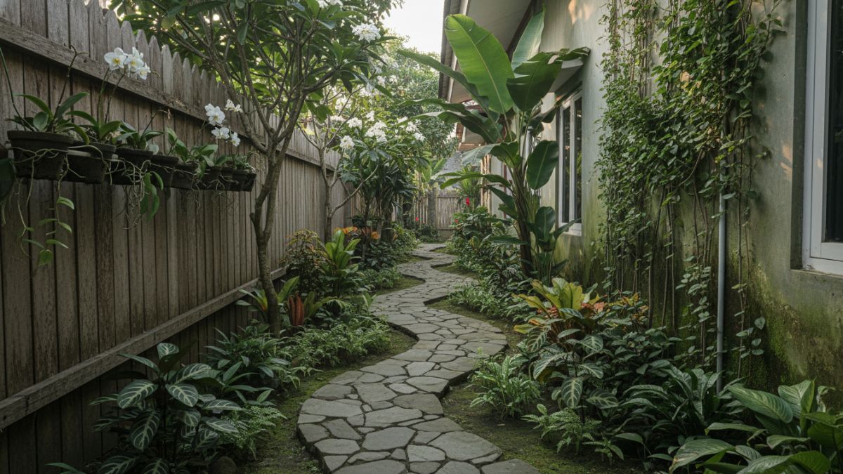 Lorong samping rumah yang diubah menjadi taman kecil dengan jalur batu dan tanaman tropis.