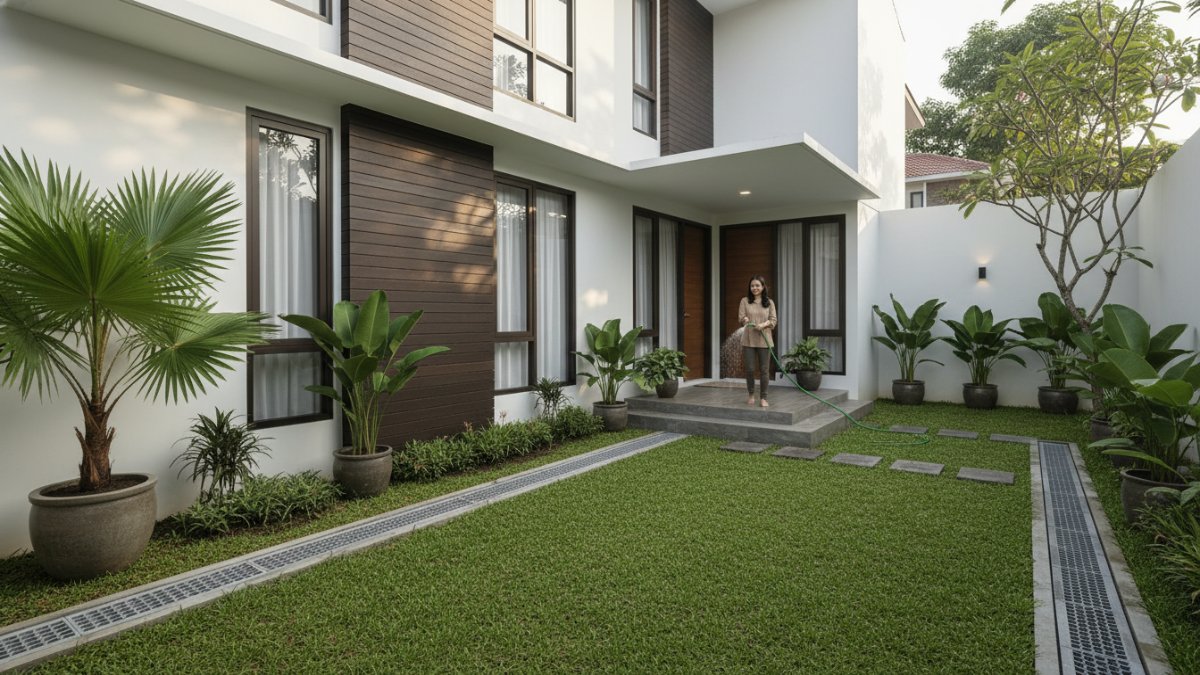 Halaman rumah tropis rapi dengan rumput pendek dan drainase tertutup sebagai contoh lingkungan rumah yang aman dari ular. 