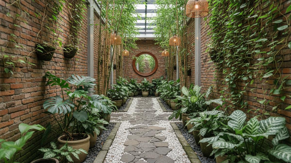 Contoh lorong rumah sempit yang dimanfaatkan sebagai jalur taman minimalis.