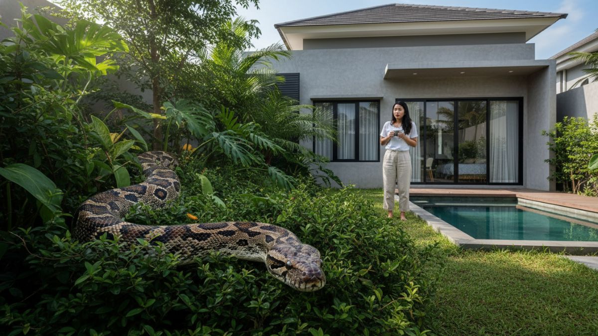 Ilustrasi ular yang muncul di semak halaman rumah, menggambarkan habitat reptil di area rimbun. 