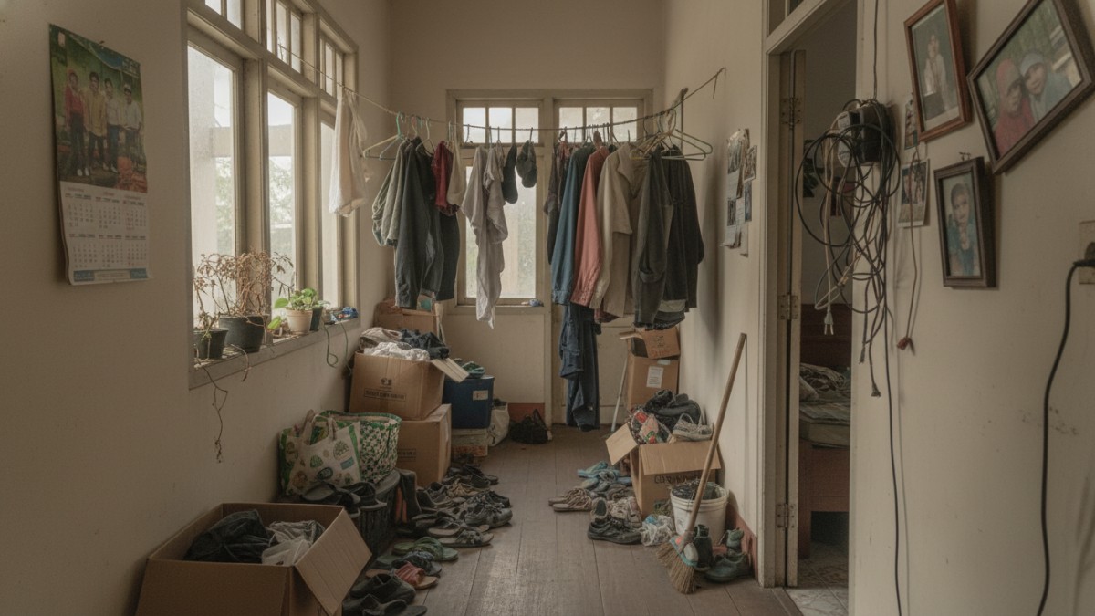 Lorong rumah yang terlihat berantakan akibat penataan yang tidak diperhatikan.