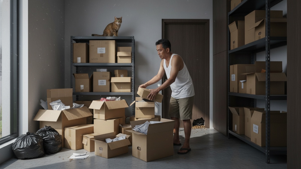 Gudang rumah dengan kardus menumpuk yang berpotensi menarik tikus dan predator. 