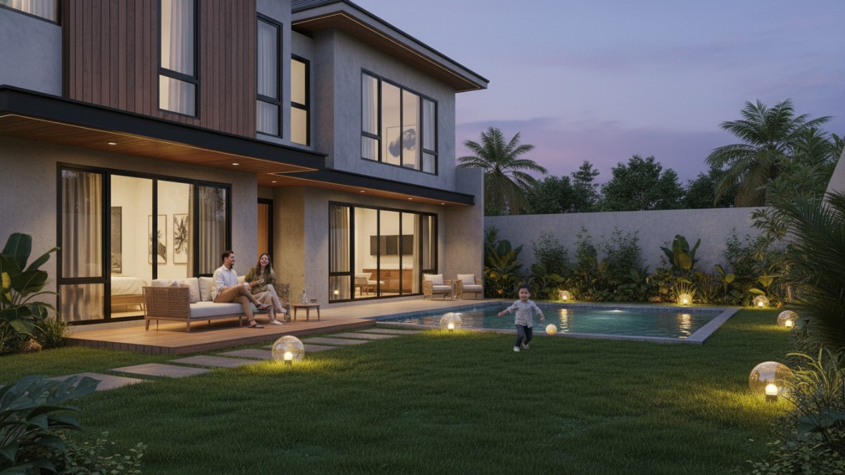 Contoh halaman rumah dengan rumput dipangkas dan pencahayaan taman yang terang. 