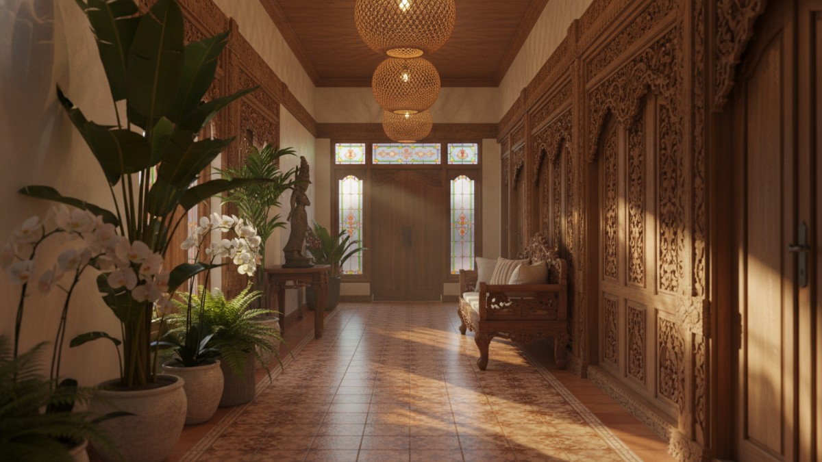 Inspirasi desain lorong rumah dengan tanaman dan pencahayaan dekoratif.