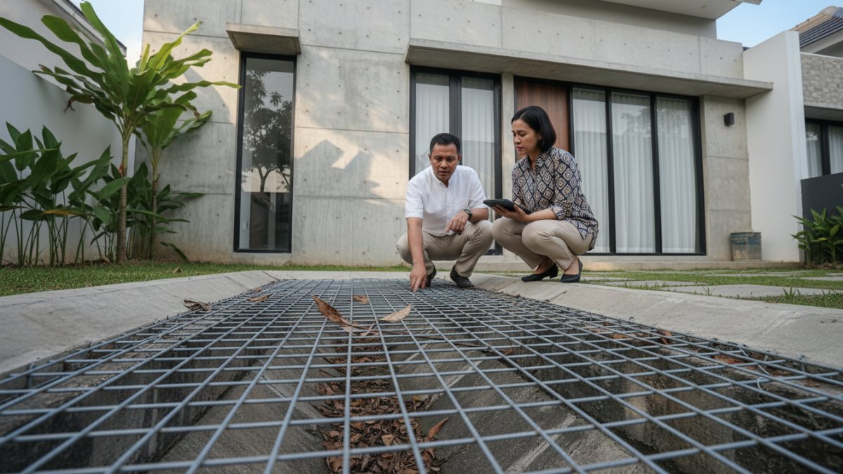 Drainase rumah dengan penutup kawat sebagai pengaman jalur masuk hewan liar. 