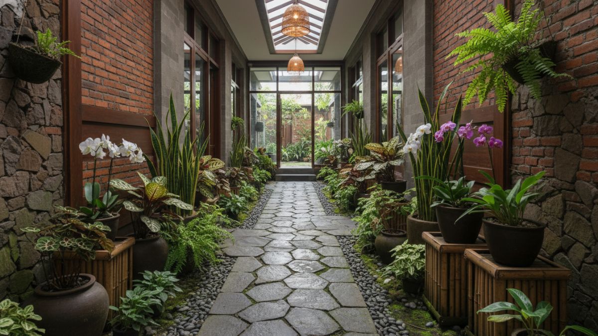 Ukuran ideal lorong rumah dengan jalur batu dan tanaman hias.