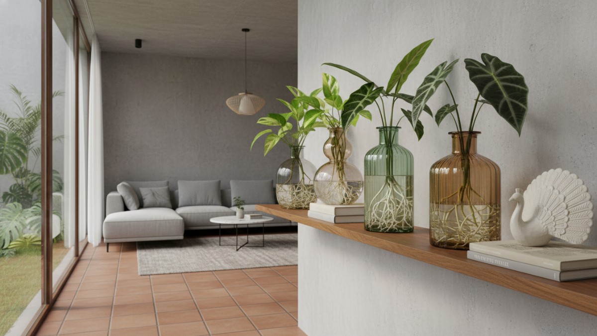 Tanaman hias hidroponik dalam botol kaca dekoratif yang mempercantik interior rumah minimalis modern.