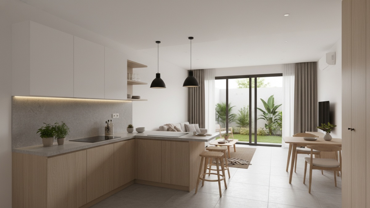 Desain dapur minimalis open space di rumah kecil dengan mini bar dan pencahayaan hangat.