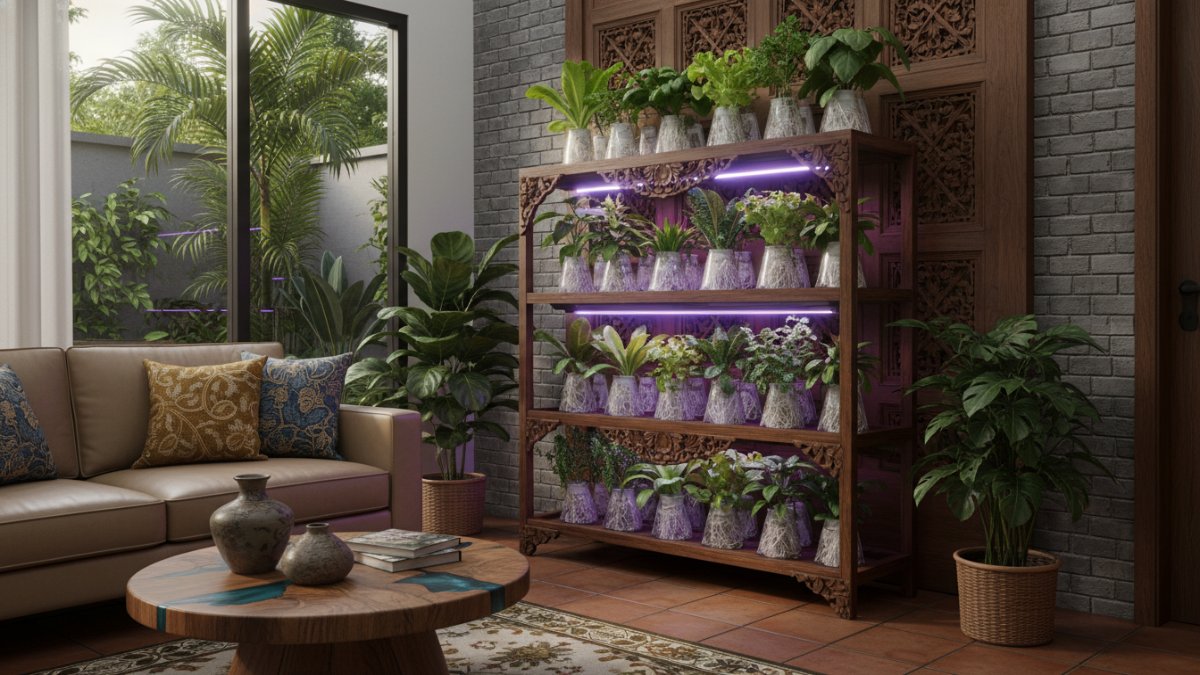Contoh tanaman hidroponik indoor sebagai elemen dekorasi ruang tamu modern.
