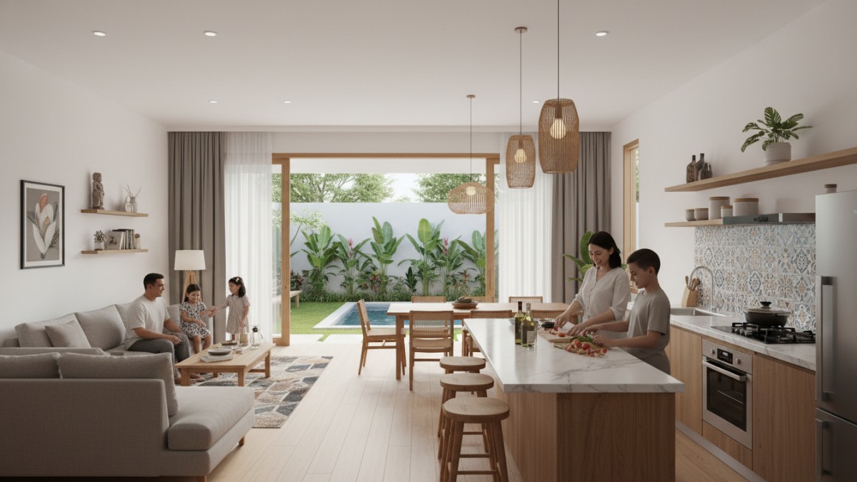 Ilustrasi dapur terbuka yang menyatu dengan ruang keluarga di rumah minimalis.