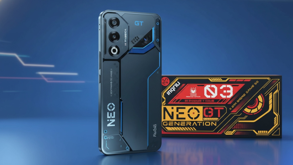 Nubia Neo 3 GT 5G dengan desain futuristik dan nuansa gaming yang mencolok, memperlihatkan konsep smartphone gaming harga terjangkau.