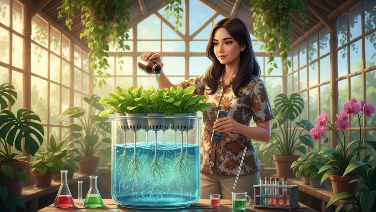 Ilustrasi perawatan tanaman hidroponik dengan air nutrisi dalam wadah transparan. 