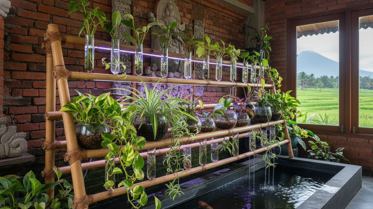 Deretan tanaman hidroponik populer seperti sirih gading dan spider plant dalam instalasi dekoratif.