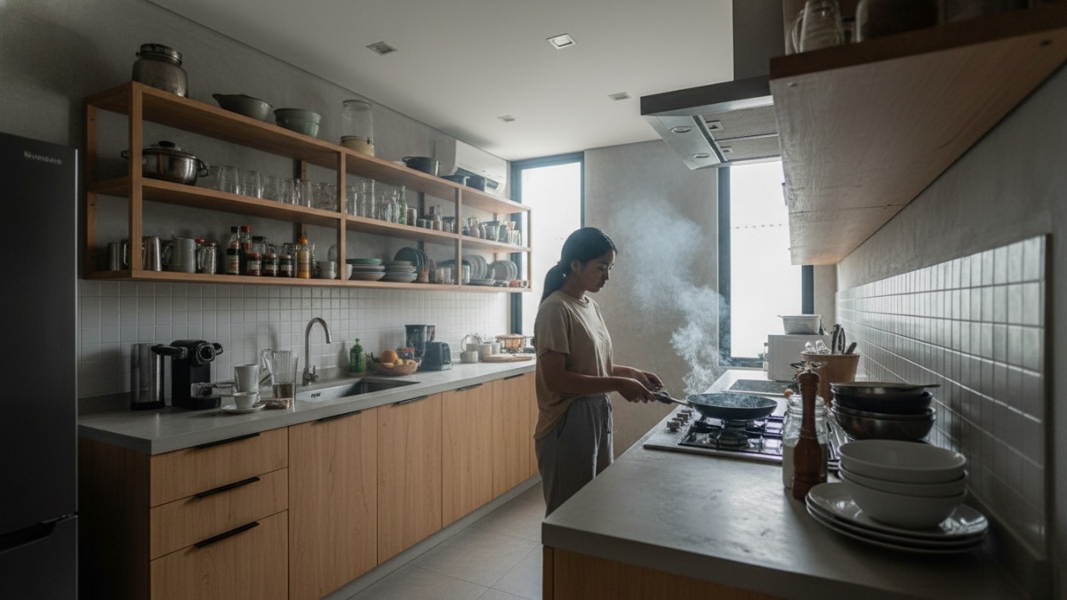 Contoh dapur kecil dengan ventilasi dan pencahayaan alami.