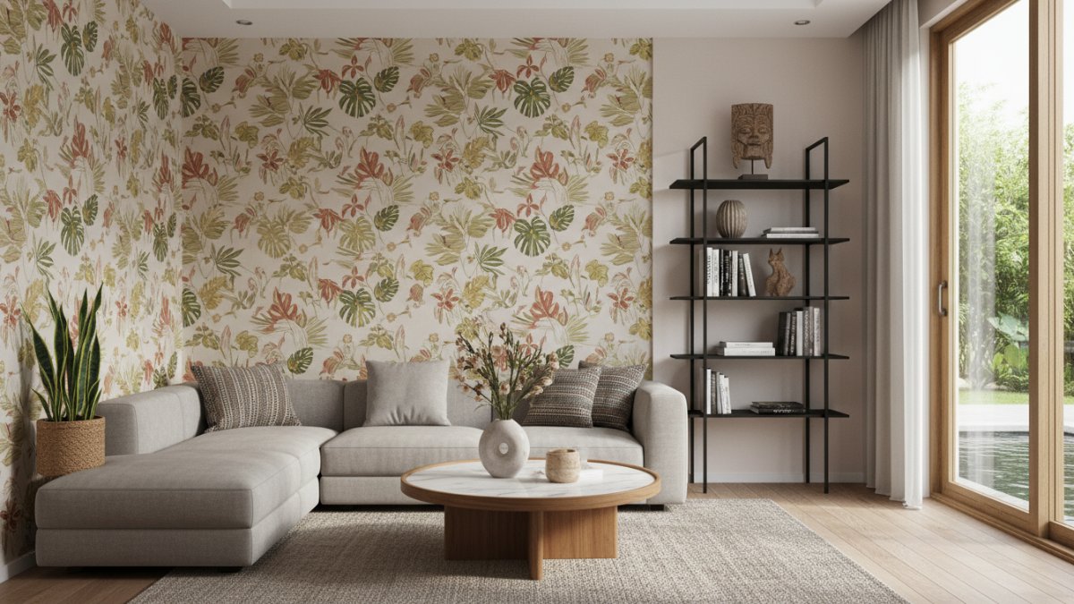 Wallpaper motif modern pada ruang tamu minimalis yang menciptakan suasana rumah estetik dan artistik.
