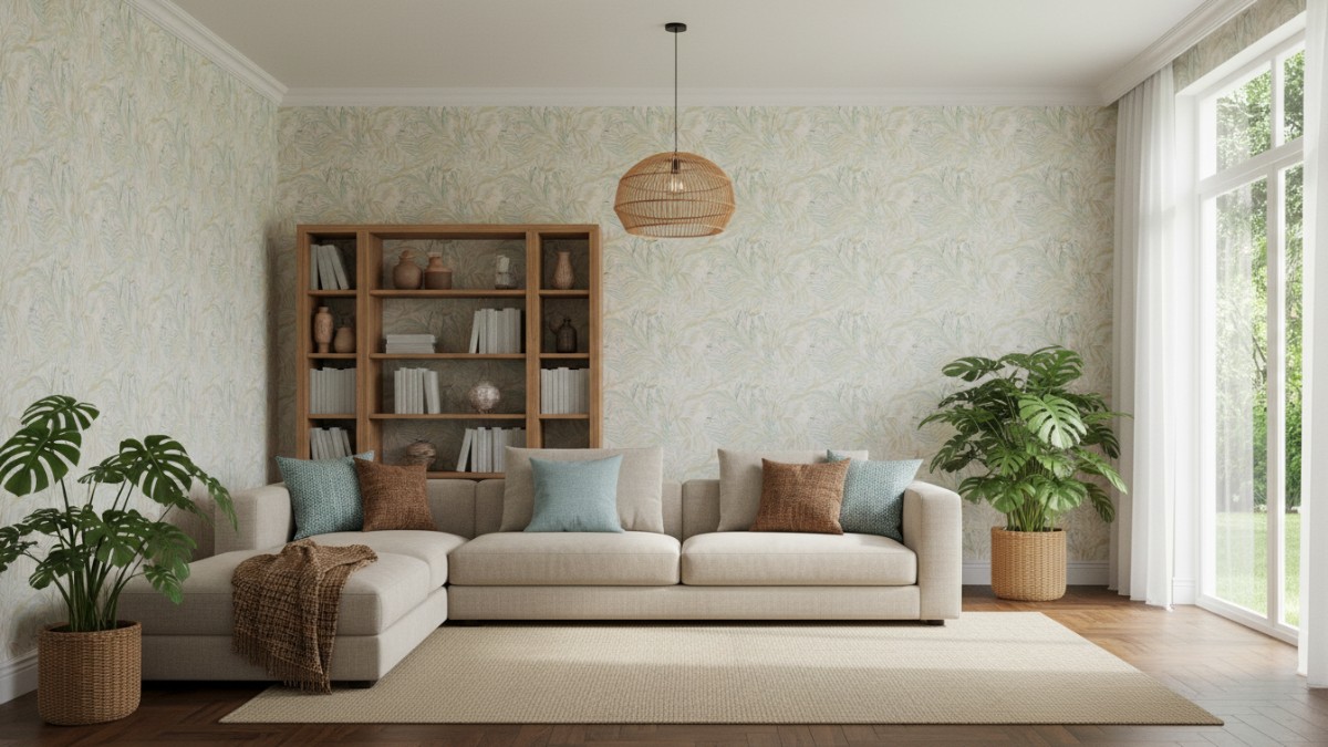 Contoh penggunaan wallpaper motif lembut yang menciptakan karakter ruang interior modern.