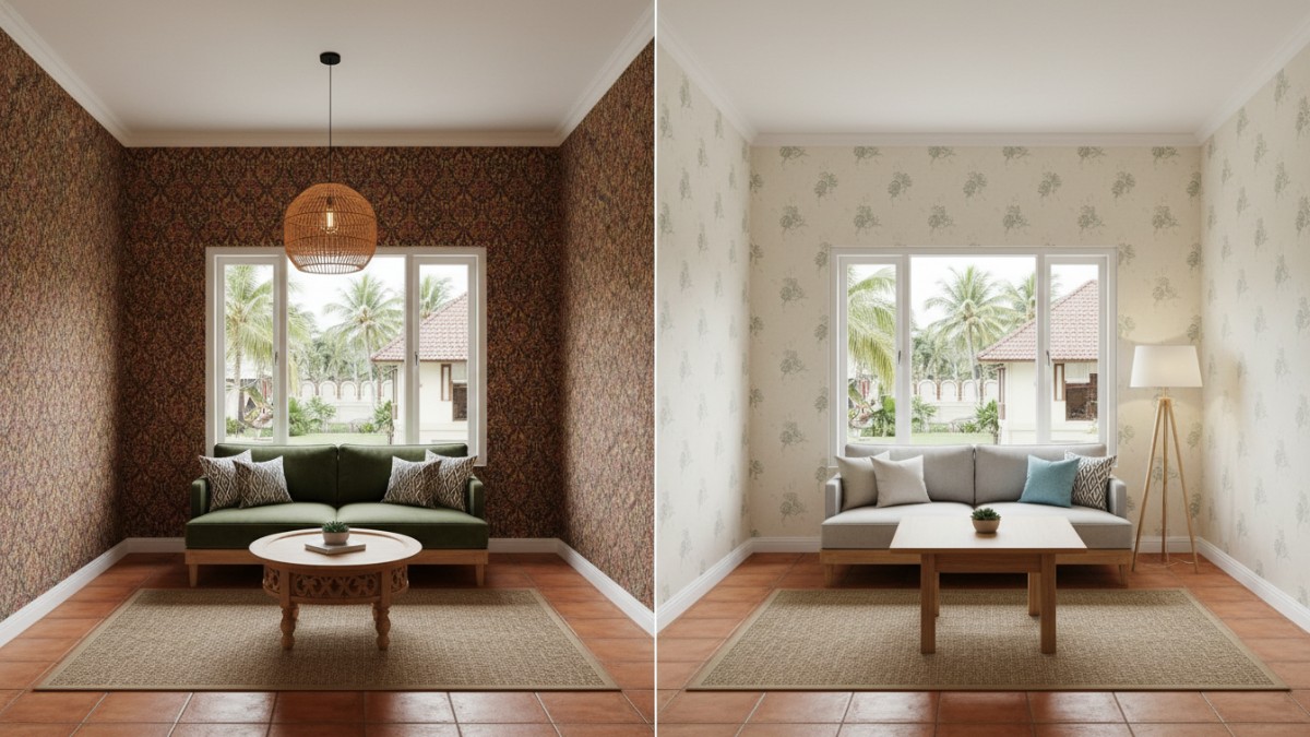 Perbandingan motif wallpaper ramai dan minimalis pada ruang kecil.