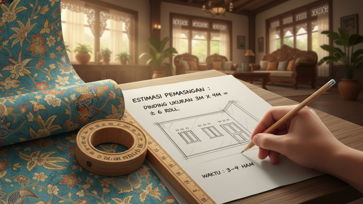 Ilustrasi ukuran roll wallpaper dan estimasi pemasangan pada dinding rumah.