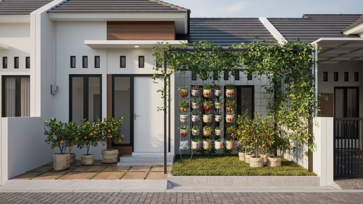 Kebun buah mini gantung di teras rumah subsidi dengan pot stroberi dan tomat ceri yang menggantung rapi