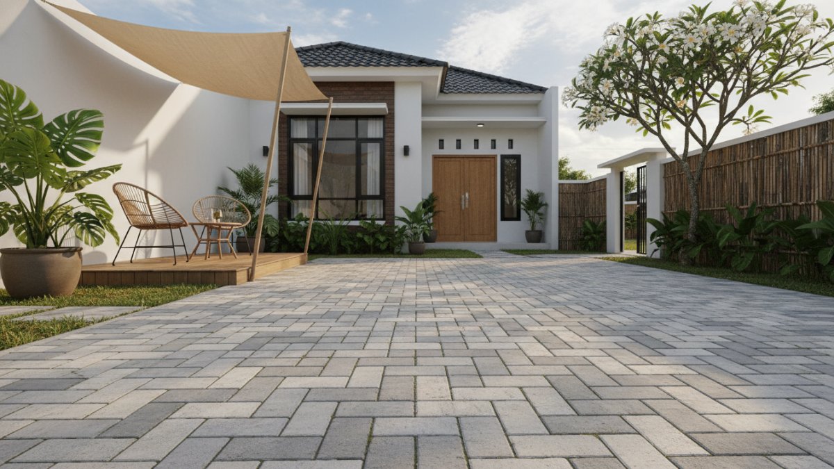 Halaman rumah kecil menggunakan paving block minimalis yang rapi dan tetap terlihat luas.