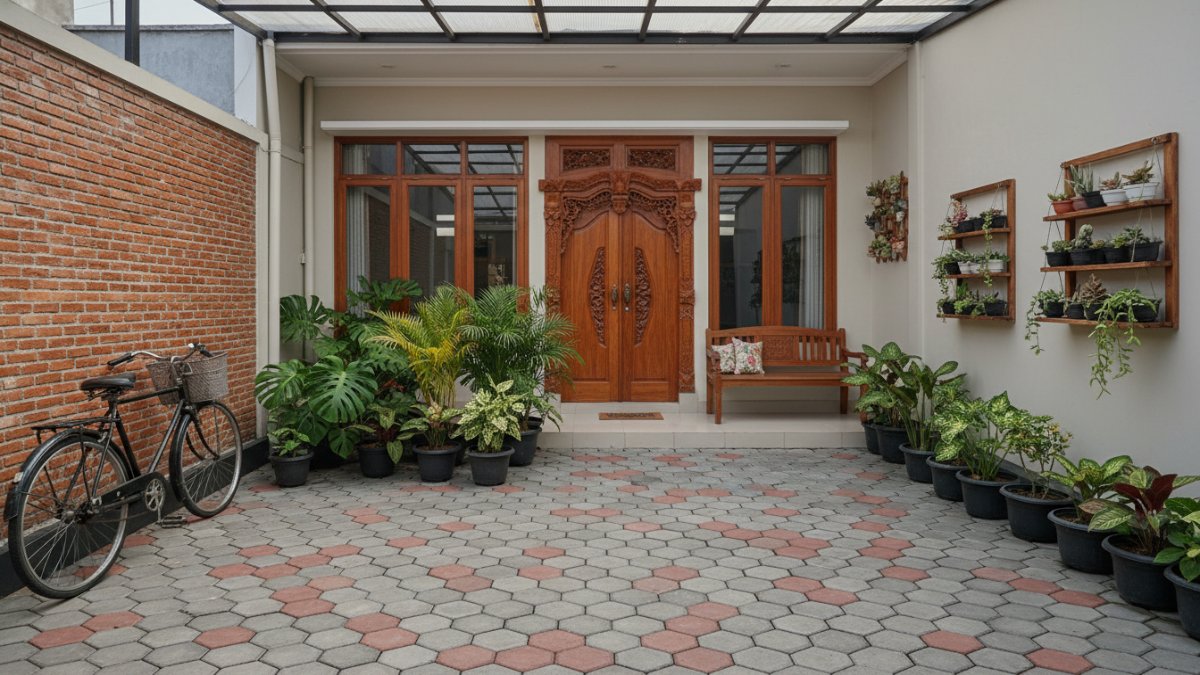Contoh halaman rumah sempit yang menggunakan paving block untuk meningkatkan fungsi dan estetika.