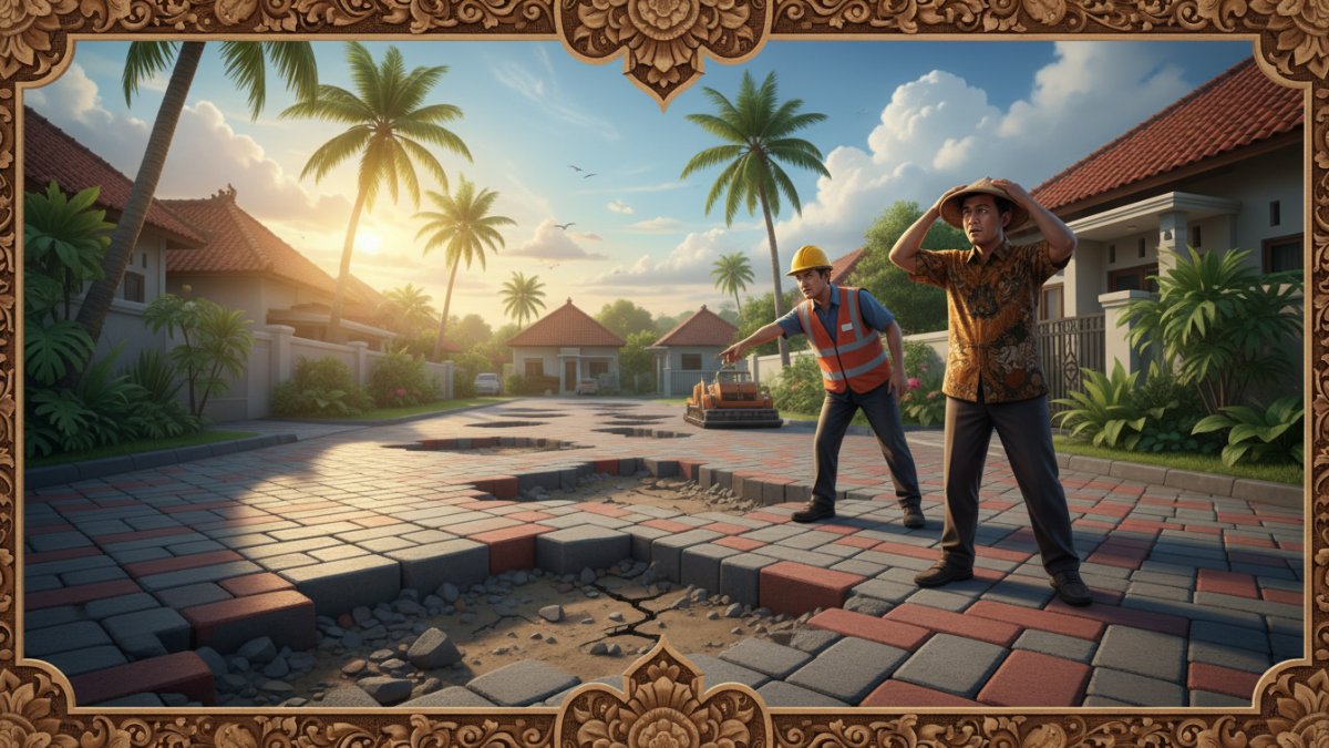 Ilustrasi kesalahan pemasangan paving block yang menyebabkan permukaan bergelombang.