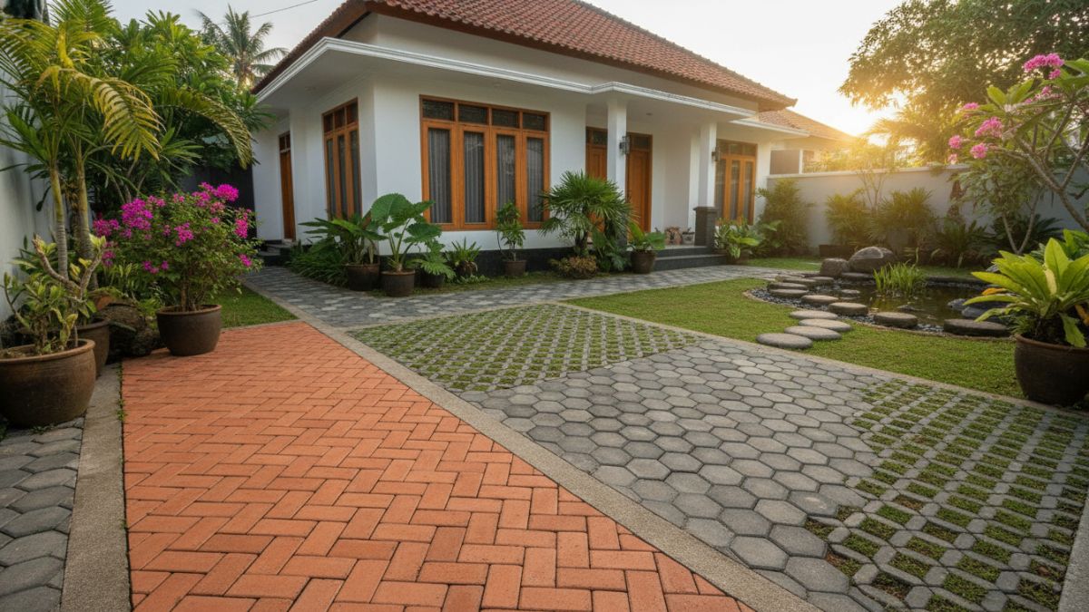 Berbagai model paving block seperti bata, hexagon, dan grass block untuk halaman rumah. 