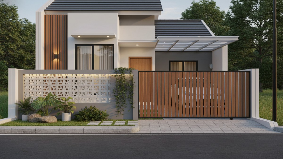 Pagar minimalis besi hollow pada rumah type 45 dengan fasad sederhana dan halaman kecil.