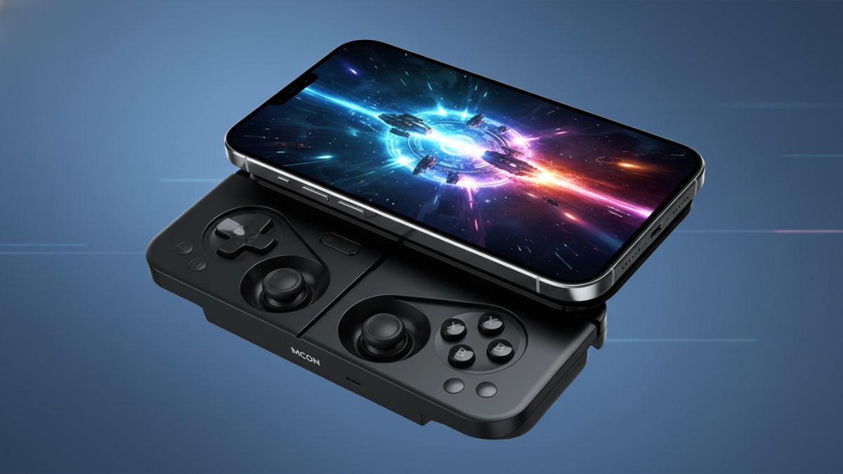 Controller MCON menempel di smartphone menggunakan MagSafe, memperlihatkan desain transformable yang mengubah ponsel menjadi konsol portable gaming.
