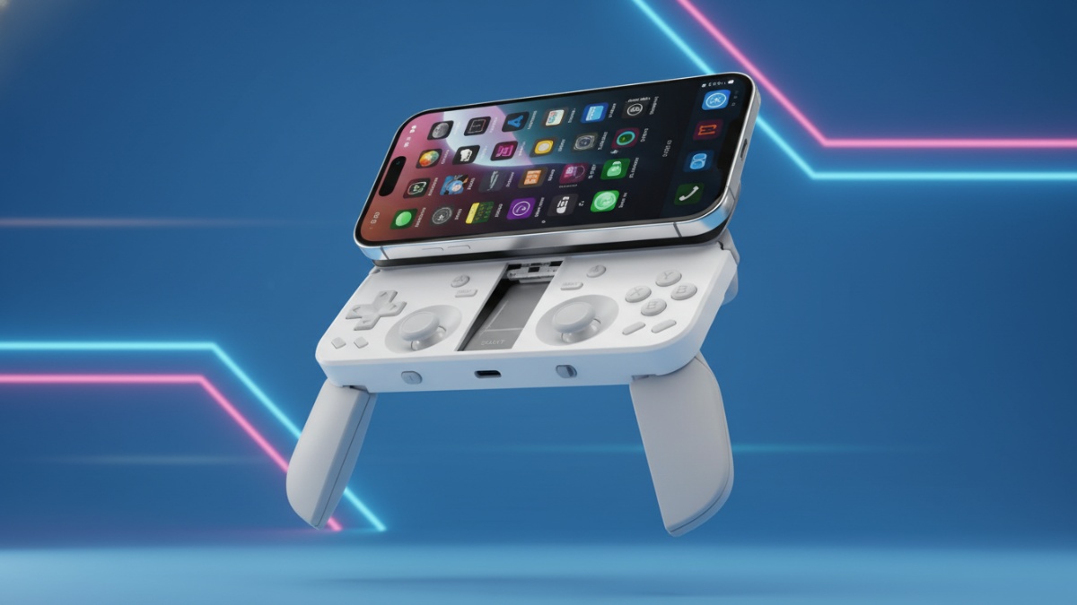 Tampilan controller MCON dalam mode gaming lengkap dengan analog stick dan tombol aksi seperti konsol.