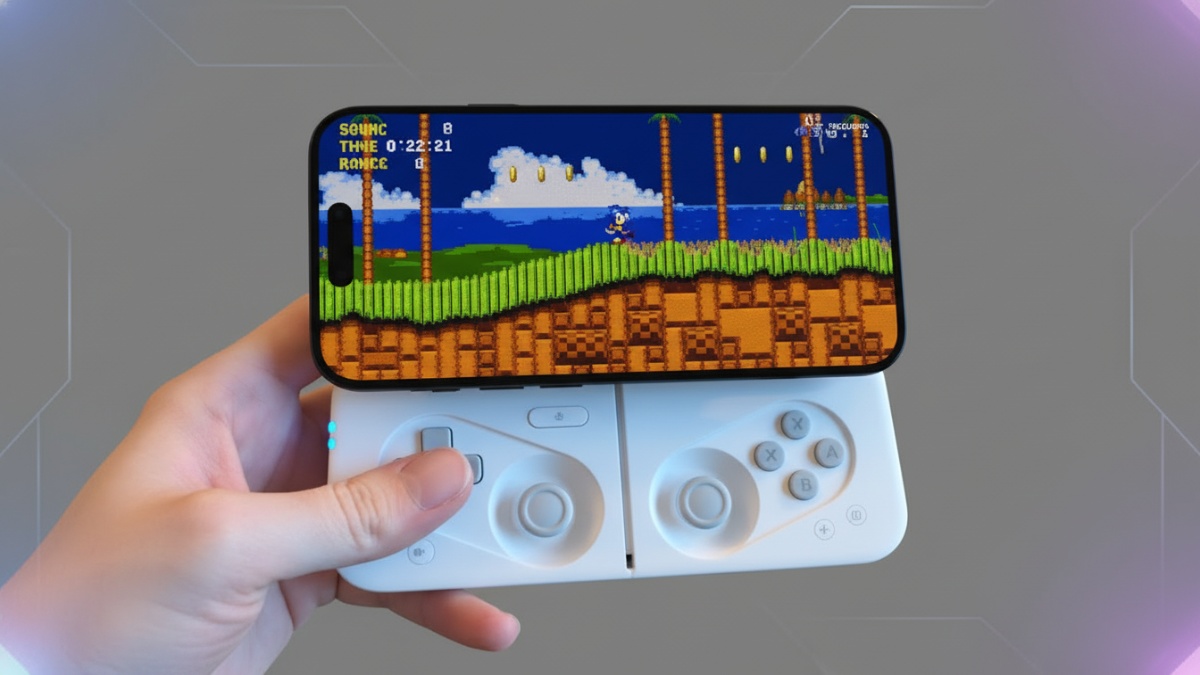 Layout tombol controller MCON dengan analog stick, trigger, dan D-pad saat digunakan bermain game.
